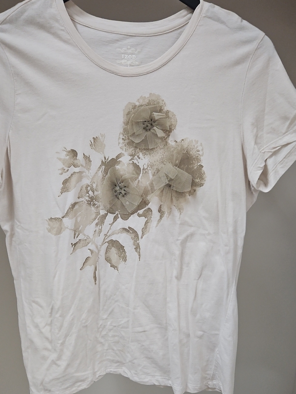 Izod White Tee with Beige Floral Appliqué Accents